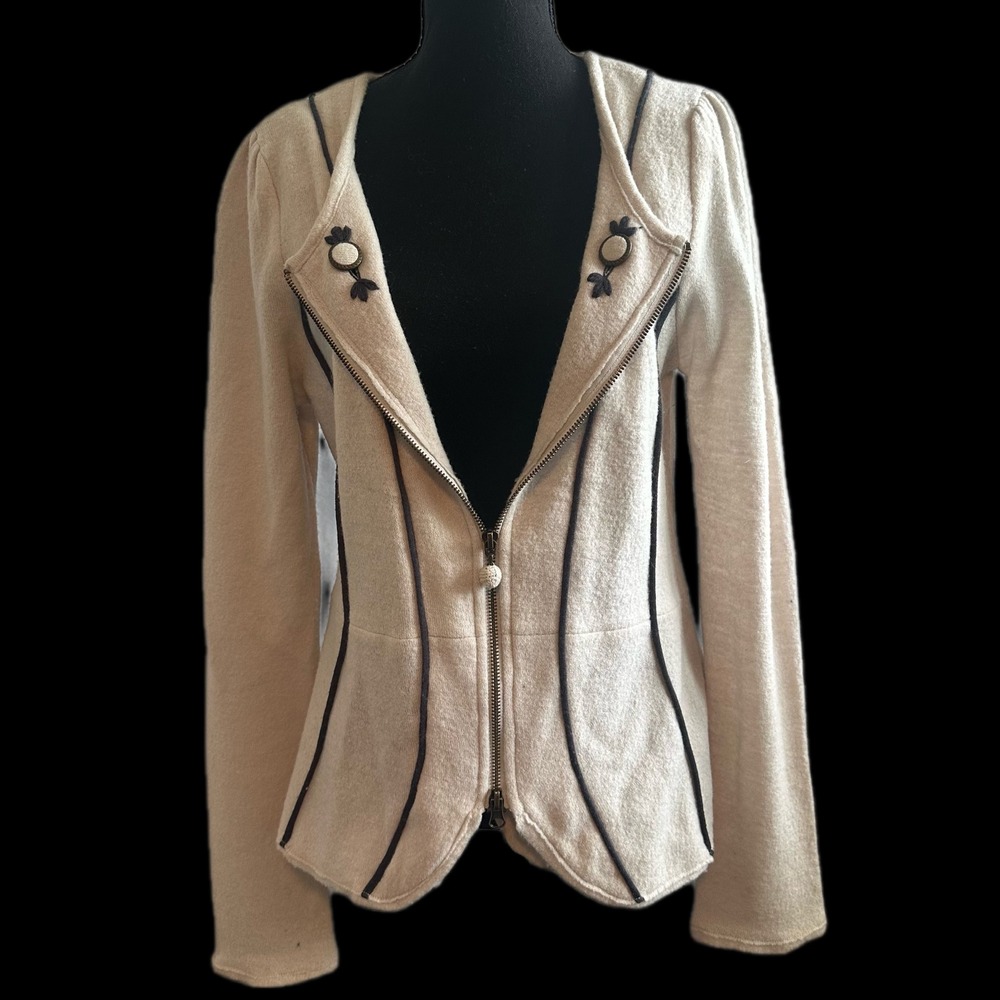 Charlie‎ & Robin Cream Knit Zip Up Blazer Jacket Contrast Piping Women Large
